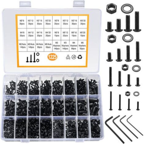 Lot de 1225 vis à tête hexagonale en acier au carbone – dimensions M2, M3, M4, M5 avec écrous noirs – kit complet pour bricolage, mécanique et assemblage