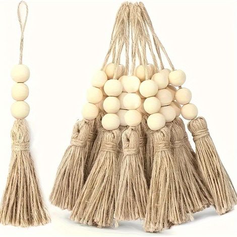 Lot de 20 suspensions en perles de bois avec pompons en jute – Décoration d'intérieur pour salon (1/5)