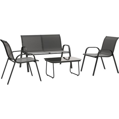 Ensemble de mobilier de jardin 4 pièces avec 2 chaises empilables, banc 2 places et table basse en verre noir.
