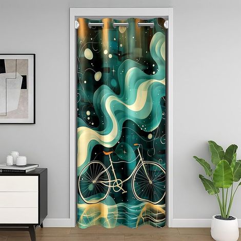 Vélo Vert Rideau Occultant 86x203,Impressionnisme Fantastique Rideau de Porte L'Intimité de Porte,Esthétique Abstraite Ligne Ondulée Rideau Porte,Points Clignotants Rideaux de Séparation de Chambre - (1/5)