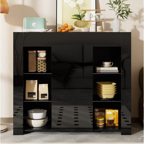 Credenza nera 95 x 35 x 83 cm con ripiani in vetro e frontale lucido HAVRYA (1/5)