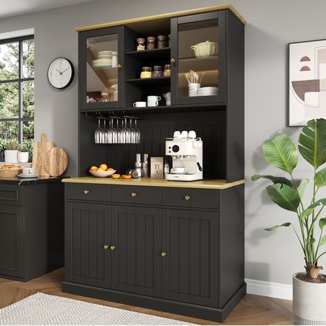 Aparador armario alto 120x40x191 cm con vitrina, soporte para copas, enchufe y USB, tablero de partículas negro