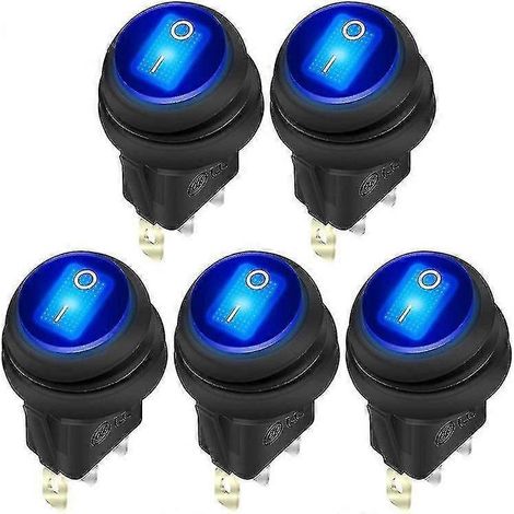 12V 20A Wasserdichter Wippschalter mit blauer LED-Beleuchtung, rund, Ein/Aus, 3-polig, wetterfest, beleuchtet, für Boote, Autos, Wohnmobile und LKWs – 5er-Pack