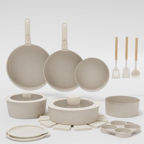 Batterie de cuisine 21 pièces blanc‑crème, poignée amovible antiadhésive, tous feux avec poêle à griller et cuiseur vapeur