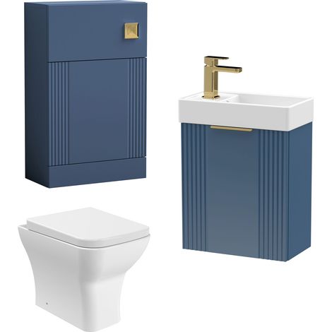 Cloakroom Suite - Wall Hung Basin Unit, Toilet & Tap - Blue/Brass (1/5)