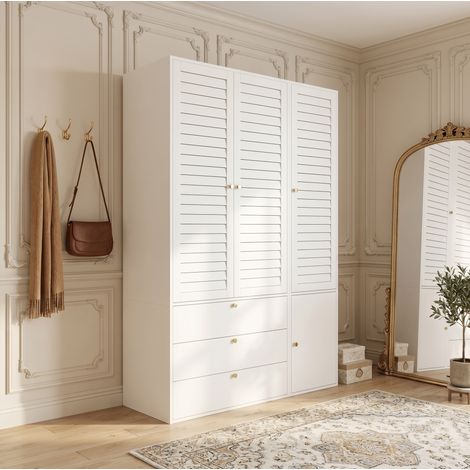 MODFU – Armario 135x50x200 cm con 3 puertas de lamas, 2 barras, perchero para pantalones y 3 cajones – Blanco (1/5)