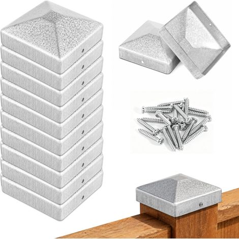 Lot de 10 capuchons de poteau de clôture de 9 x 9 cm - Avec 20 vis - Galvanisé - Pour poteaux en bois, piliers de terrasse (9 x 9 cm) (1/5)