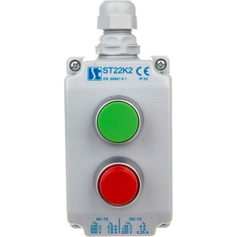 Boîtier de commande 2 trous vert/rouge 1NO 1NC gris IP65 1x presse-étoupe gris M20 ST22K2\02-1