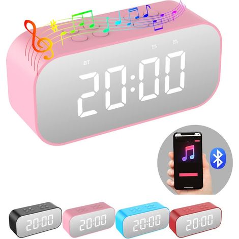Réveil numérique avec haut-parleur Bluetooth, miroir LED, double alarme et fonction snooze, rose (1 pièce) (1/4)