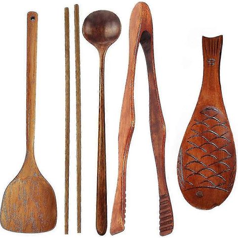 Ensemble d'ustensiles de cuisine en bois comprenant un wok, une spatule, une pince, une cuillère et des baguettes. (1/5)