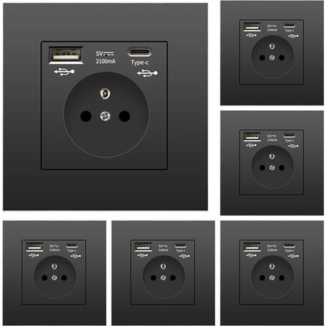 Kaelt - Lot de 6 prises murales avec USB et Type-C, 5 V 2,1 A, prise USB encastrée standard UE, multiprise française, 110-250 V (noir) (1/5)