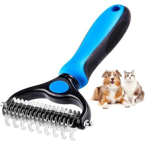 Brosse Chat, Brosse pour Chiens Dédéparage de Brosse de Sous-poil pour Chiens Râteau de Toilettage Double Face en Acier Inoxydable - Bleu (1/5)
