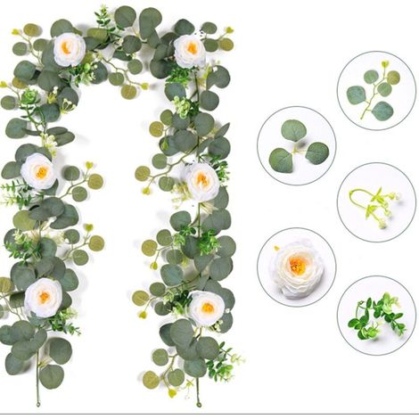 Guirlande florale artificielle générique de 1,8 m avec roses et fleurs roses artificielles pour mariage, fête à domicile, décoration de table, fleurs artificielles en soie et vert simulé (1/3)