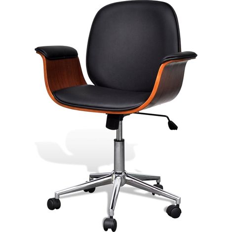 Helloshop26 – Fauteuil chaise de bureau ergonomique pivotant – Accoudoirs en bois – Cuir artificiel noir – Dimensions 69,5 x 61 x 86-98 cm