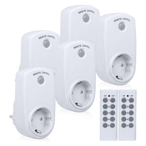 Lot de 5 prise connectee, Prise Télécommandée sans Fil avec 2 Télécommandes 2 Piles Fournies 30M de DNCE de Contrôle dans la Zone Ouverte Fonction on Off
