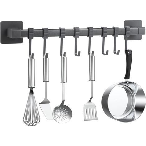 Porte-Accessoires Cuisine - Barre À Crochets Auto-Adhésive Sans Perçage - Pour Ustensiles De Cuisine - Longueur 40 Cm - Gris - Lot De 8 (1/5)