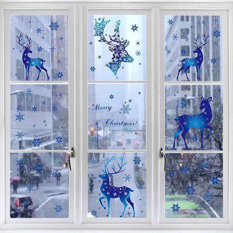 dcorations De Nol Autocollants De Neige Dcorations De Fentre En Verre Autocollant Lectrostatique De Wapiti Des Neiges Bleu De Nol
