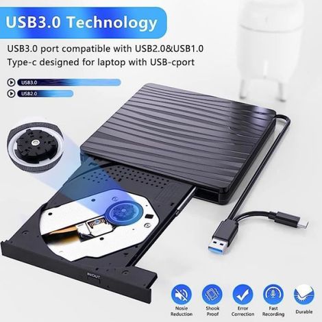 Lecteur CD DVD Externe, Graveur CD Externe avec USB3.0 Type-c - pour Laptop, Desktops, PC,iMac, le noir (1/4)