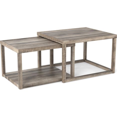 Style farmhouse, lot de 2 tables basses gigognes rectangulaires avec étagère, rangement pour salon ou bureau (1/5)
