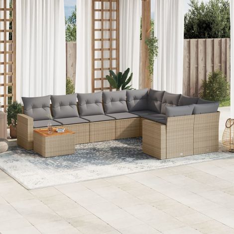 Ensemble Salon Jardin 10 Places Résine Tressée Beige avec Coussins Gris - Table Acacia, Modulaire (1/3)