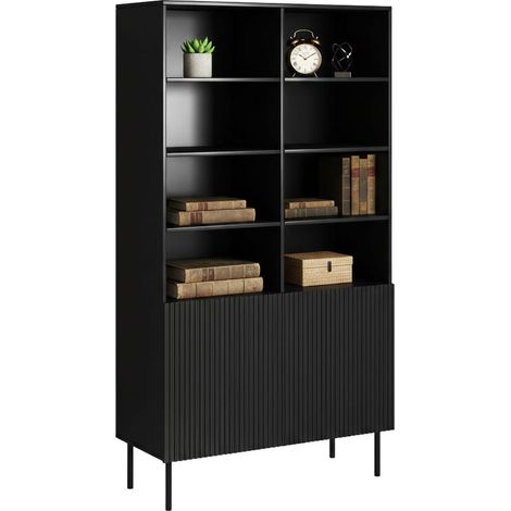 Ghilarza Bücherregal, Bücherregal mit offenen Fächern und zwei Türen, vom Boden abgehoben, 100 x 42 h 177 cm, Schwarz