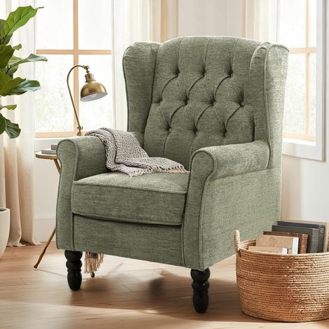 Fauteuil Vintage Mi-Siècle, Fauteuil à Oreilles Rembourré avec Capitonnage Boutonné, Housse en Tissu et Pieds en Bois Massif pour Salon, Bureau, Café - Vert (1/5)