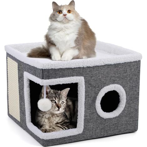 Foldable cat cave for large indoor cats, 43 x 43 x 32 cm (W x L x H), large cat cave with scratching post and toy ball, 2-story cat cube, cat cave for small and medium-sized cats (1/5)