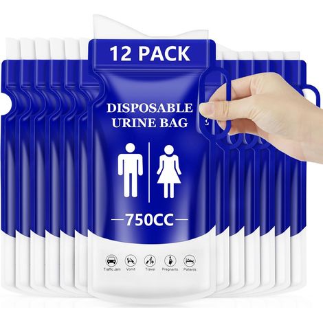 Einweg-Urinbeutel, 12er-Packung mit Griff, 750 ml, für Notfälle, für Männer, Frauen, Schwangere, Patienten, Kinder, Reisen, Auto, Camping und Wandern (1/5)