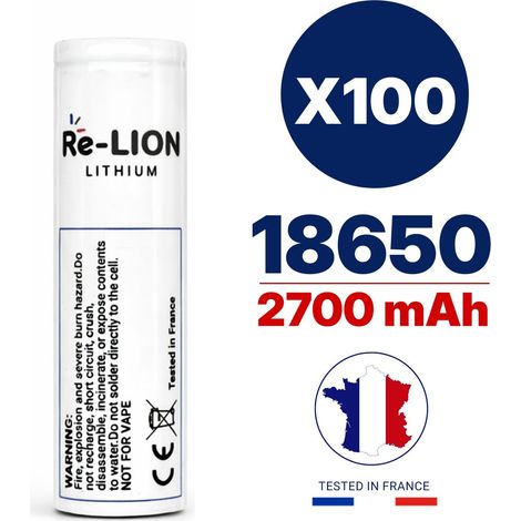 X100 Batteries lithium-ion 18650 - 2700 mAh, reconditionnée, testée et qualifiée en France. Piles rechargeables haute capacité. (1/5)