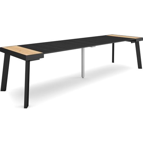 Skraut Home - Table console extensible, Console meuble, 300, Pour 14 personnes, Pieds en bois, Style moderne, Chêne et noir (1/5)