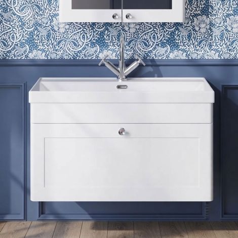 Nuie Classique Wall Hung 1-Drawer Vanity Unit with 1TH Thin-Edge Basin 800mm Wide - Satin White (1/5)