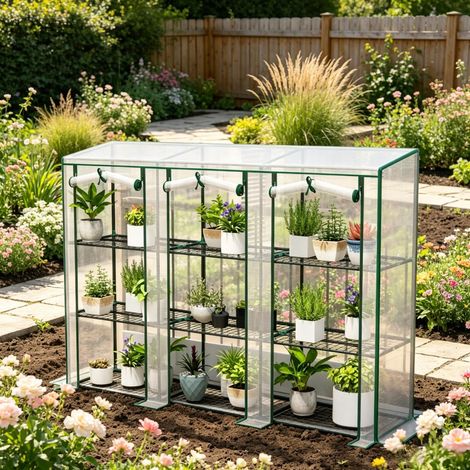 Mini serre compacte, bâche PE anti-UV, porte enroulable, pour coins maison et jardin, beaucoup d'espace pour pots et semis, répartit uniformément lumière et température, pour plantes (1/5)