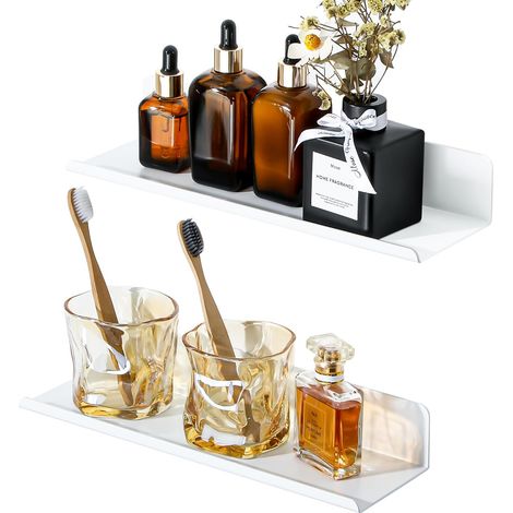 Lot de 2 Etagere Murale sans Percage Salle de Bain, Etagere Murale sans Vis en Aluminium, Tablettes Flottantes Adhésif Tablette Rangement pour Cuisine, Salon, Chambre, 30CM Blanc (1/5)