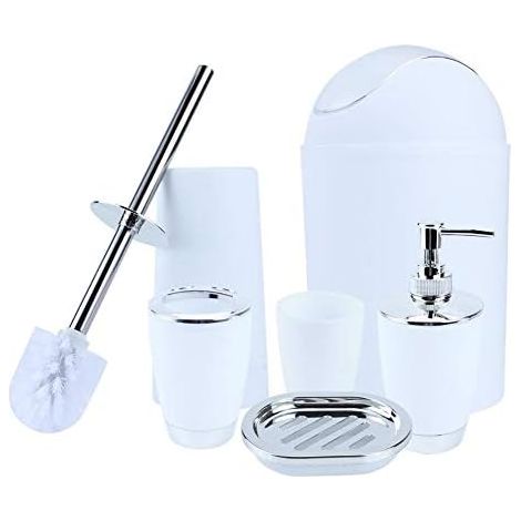 6 Pièces Ensemble de Salle de Bain, Kit salle de bain Moderne Chrome avec Distributeur de Savon Porte-Savon Porte-Brosse à Dents Gobelet Poubelle Porte-Brosse de Toilette (Blanc) (1/5)