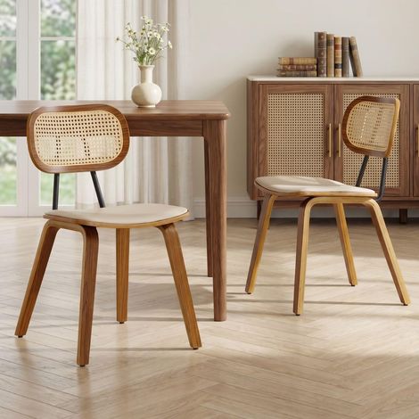Wahson Juego de 2 Sillas de Comedor con Respaldo de Ratán y Patas de Madera, Sillas de Estilo Rústico Natural para Cocina, Salón y Restaurante, Beige