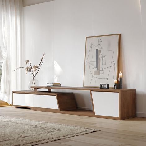 Meuble TV extensible Fero en noyer avec 3 tiroirs (1800 mm à 2800 mm)