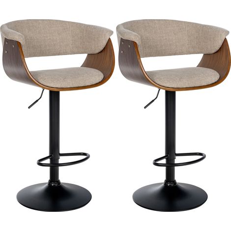 Juego de 2 taburetes de bar regulables y giratorios – Asiento de tela color crema con carcasa de madera base de metal negro 100006414