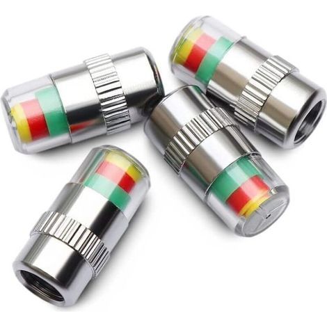 4 Pièces Bouchons Valve Pneu Voiture, Couvercle Poussière Valve Pneu, Moniteur Pression Pneu, Indicateur de Capteur d'Avertissement de Sécurité à 3 Couleurs, avec Écrou et Clé (1/3)