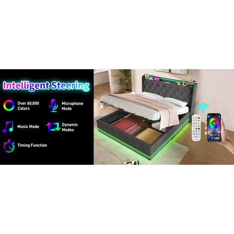 Doppelbett mit 360°-LED, hydraulischem Stauraum, USB-C, 140 x 200 cm, Grau (1/5)