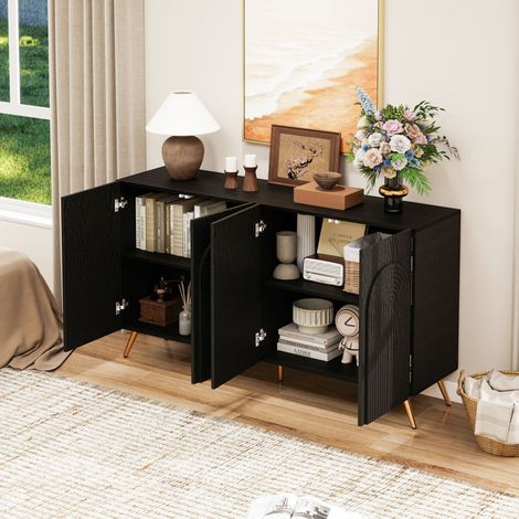 Buffet scandinave années 50, meuble d'entrée noir avec rainures 3D et portes galbées, panneaux en bois, étagères ajustables, pieds dorés en métal