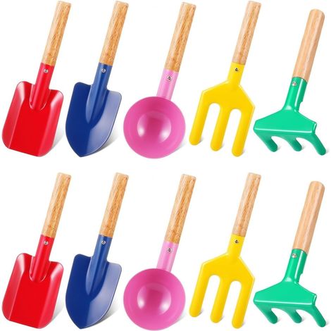 10-Piece Children's Gardening Tool Set, 20cm Metal Beach Toy Spoon, Fork, Trowel, Rake, Shovel with Wooden Handles, Gift for Kids, Garden, Soil, Transplanting, Summer, Beach, Digging