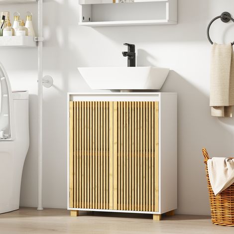 Badezimmer-Unterschrank – Schrank mit Bambuslamellentüren, 60 x 30 x 75 cm, Naturholzoptik