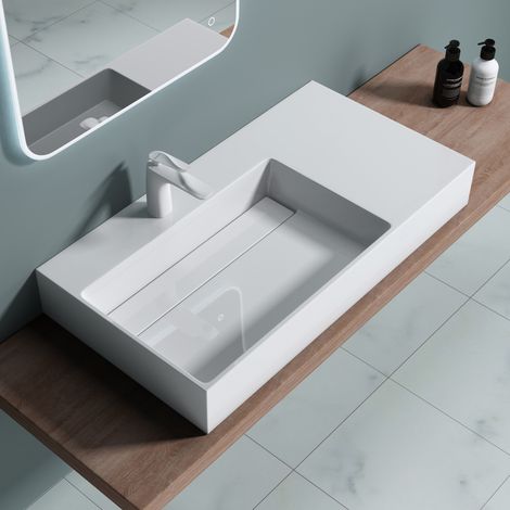 doporro® Lavabo de diseño 90x48x13cm Colossum12-izquierdo en blanco de mármol fundido apto como lavabo sobre encimera y lavabo suspendido (1/5)