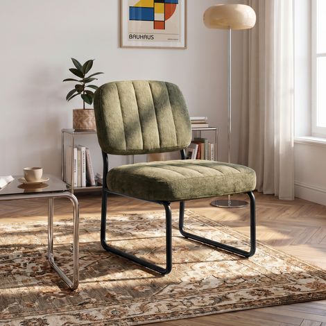Fauteuil kaki rembourré pieds métal noir et tissu chenille PAOLA (1/5)