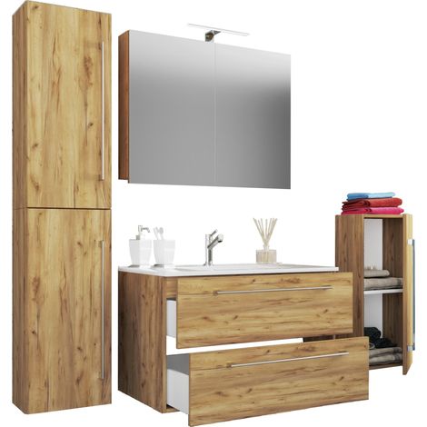 Badinos Badmöbel-Sets B 80 cm, Spiegelschrank Honig Eiche Dekor. (1/3)