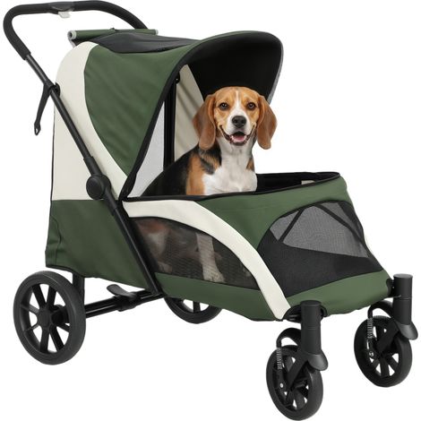 Hundewagen, Faltbarer Hundebuggy für mittelgroße Hunde, Haustierwagen mit 4 Rädern, Sicherheitsleinen Bremsen Dunkelgrün (1/5)