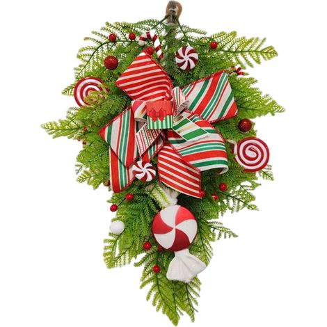 (Pompon non inclus) Grande couronne de cannes de Noël à suspendre à l'envers sur un arbre, une porte d'entrée ou en vitrine.