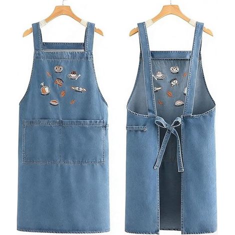 Jeansschürze Küchenschürze mit 2 Vordertaschen gesticktes Muster strapazierfähig und fleckenabweisend Jeansstoff blau (1/5)