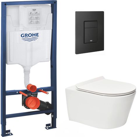 Swiss Aqua Technologies Pack WC Bâti-support Rapid SL + WC sans bride SAT + Abattant slim, softclose + Plaque de commande noir mat