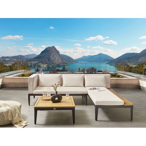 Conjunto de jardín 3 plazas de madera de acacia certificada sofá esquinero con mesa de centro cojines beige claro izquierdo Bracciano (1/5)